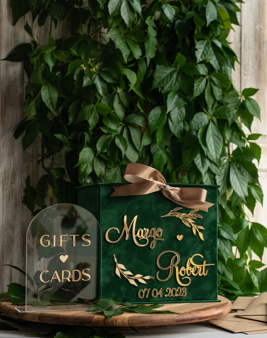  CARD BOXES velvet card boxes Gift Card Box & arch Sign Set , Velvet green wedding wishing well money gift card box, Personalized Wedding Card Box, Greenery Luxury