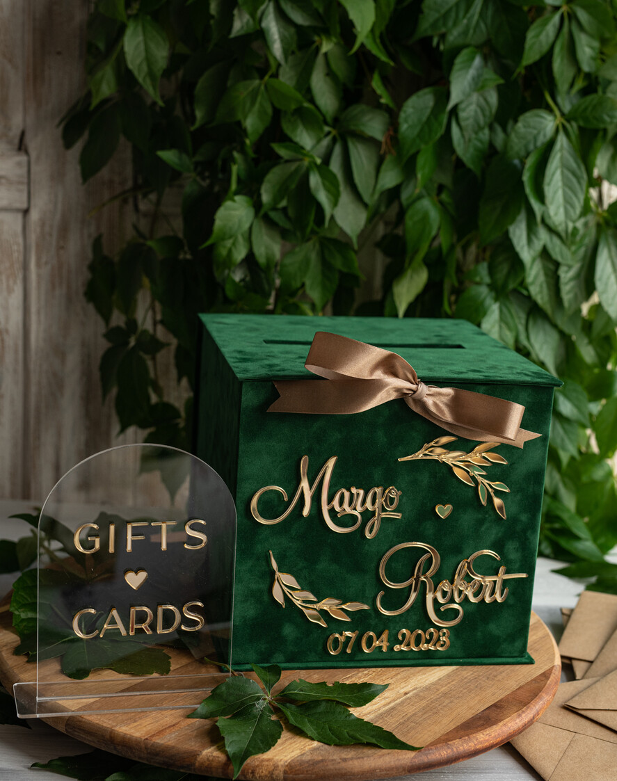  CARD BOXES velvet card boxes Gift Card Box & arch Sign Set , Velvet green wedding wishing well money gift card box, Personalized Wedding Card Box, Greenery Luxury