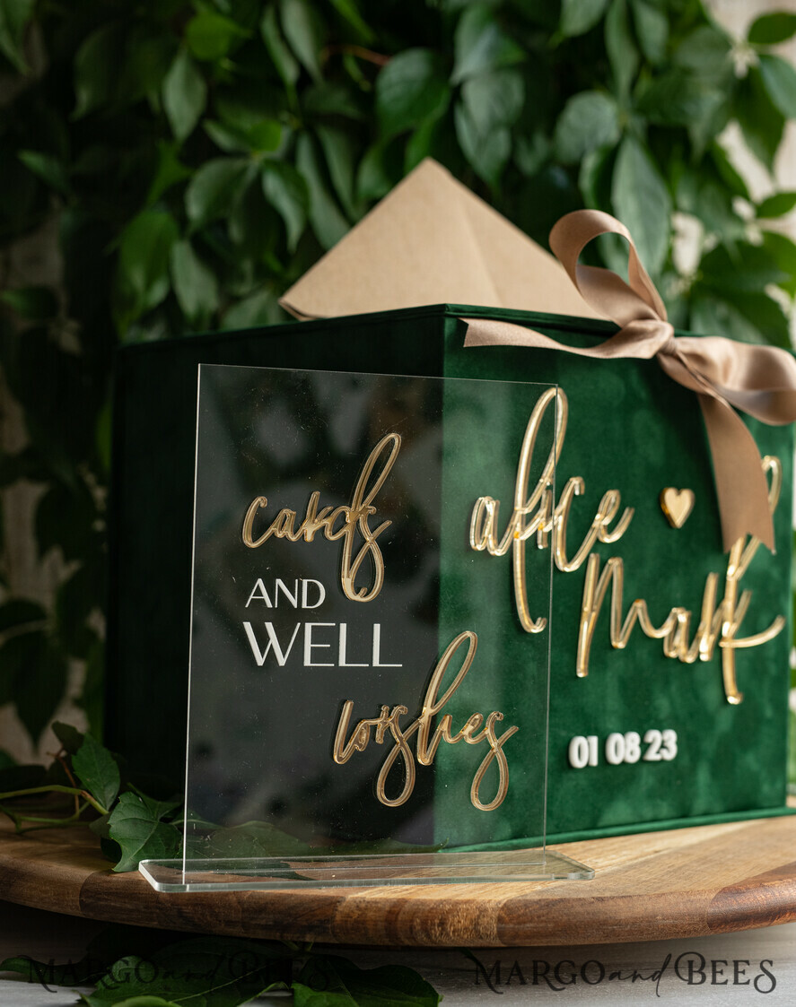  CARD BOXES velvet card boxes  Gift Card Box &  Sign Set , Velvet green wedding wishing well money gift card box, Personalized Wedding Card Box, Greenery Luxury Card Box, Wedding Card Box with Lid, Emerald Wedding Money Box, Garden Wedding Card Box