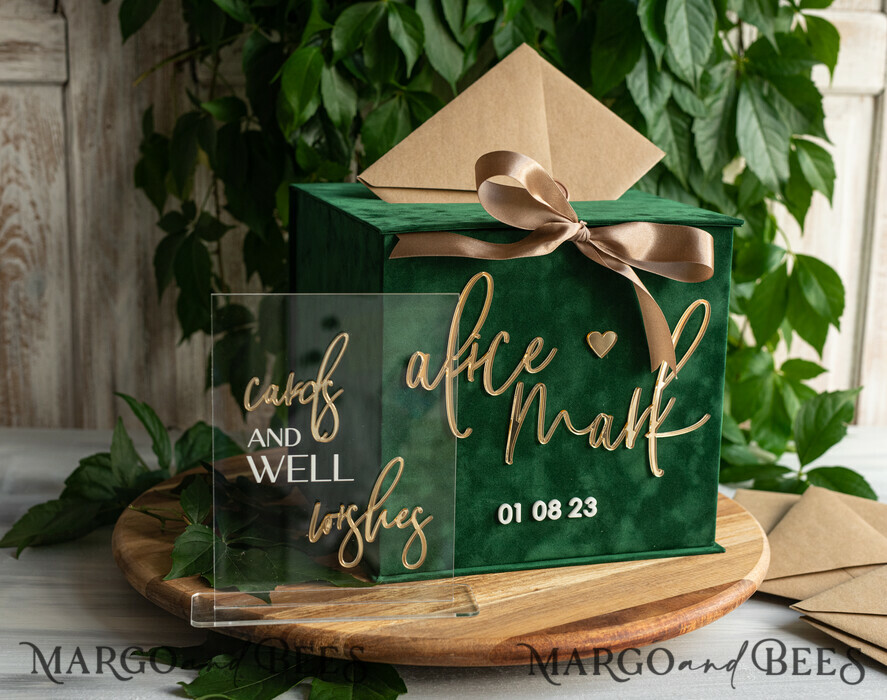  CARD BOXES velvet card boxes  Gift Card Box &  Sign Set , Velvet green wedding wishing well money gift card box, Personalized Wedding Card Box, Greenery Luxury Card Box, Wedding Card Box with Lid, Emerald Wedding Money Box, Garden Wedding Card Box