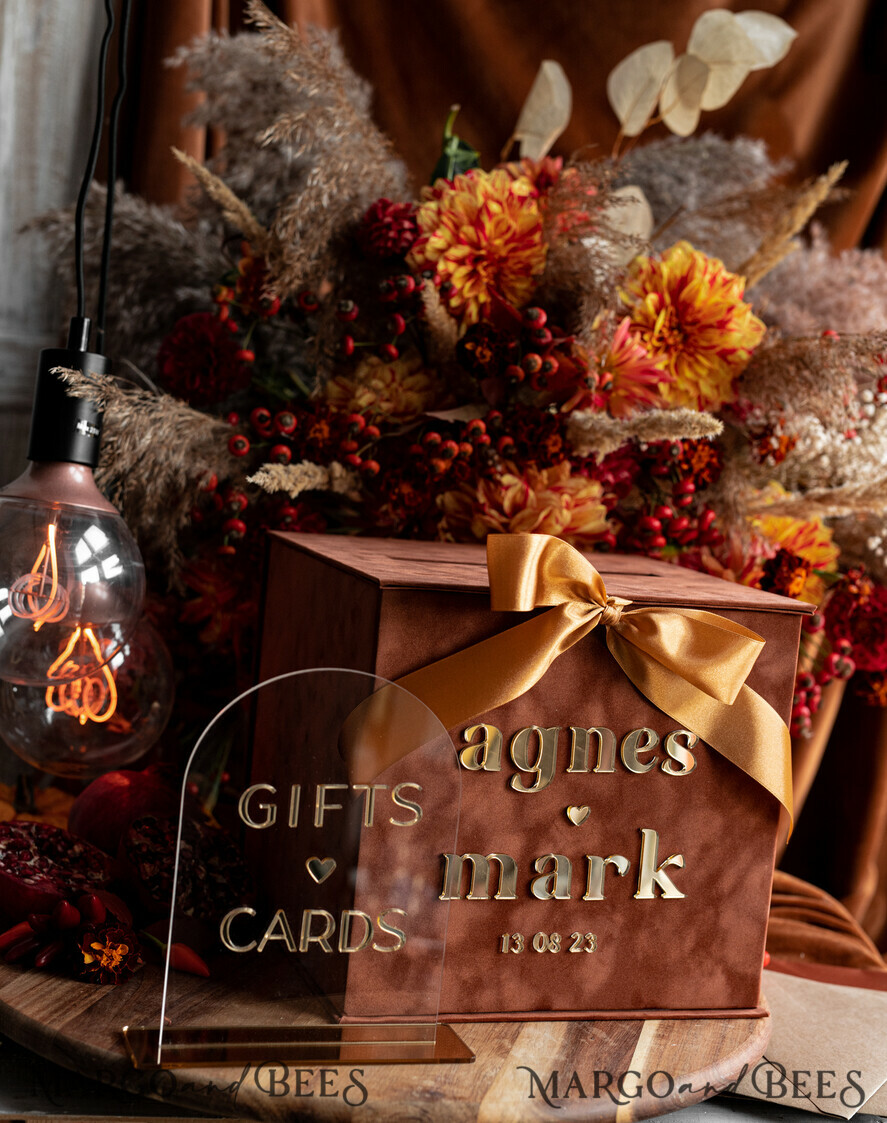  CARD BOXES velvet card boxes Terracotta Fall Card Box and Arch Acrylic Cards & Gifts Clear Sign, Velvet Rust Wedding Card Box with Lid, Burnt Orange Wedding Money Box,  Copper Wedding Card Box cards and gift Arch acrylic sign set