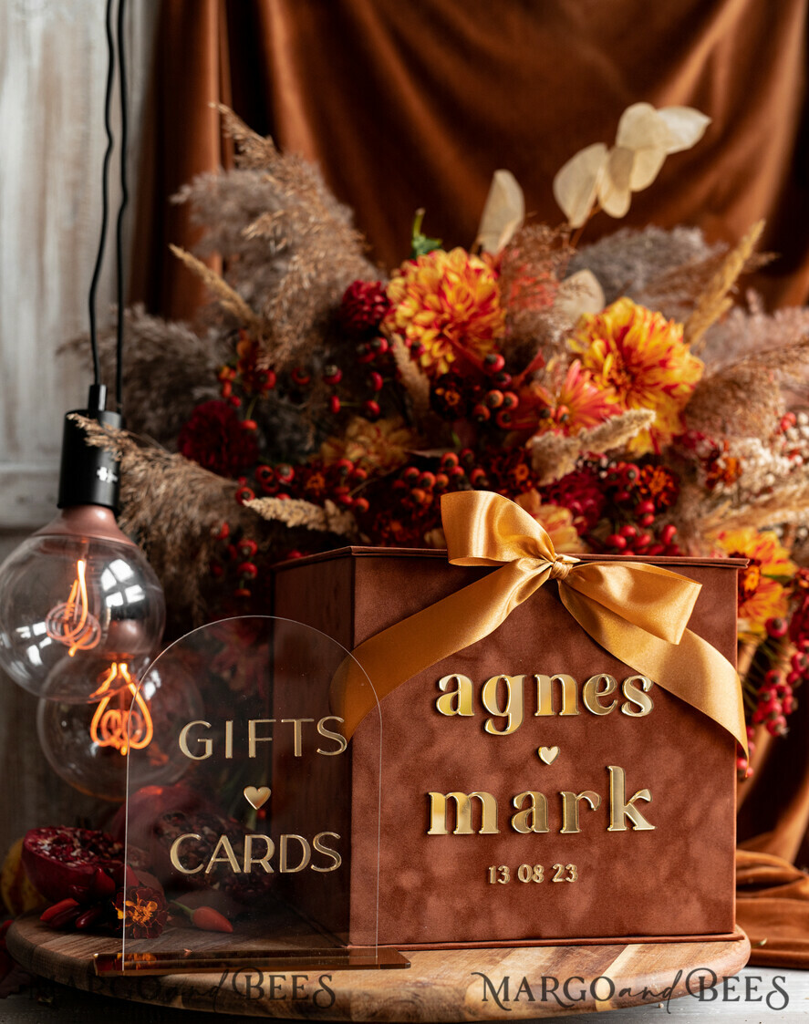  CARD BOXES velvet card boxes Terracotta Fall Card Box and Arch Acrylic Cards & Gifts Clear Sign, Velvet Rust Wedding Card Box with Lid, Burnt Orange Wedding Money Box,  Copper Wedding Card Box cards and gift Arch acrylic sign set