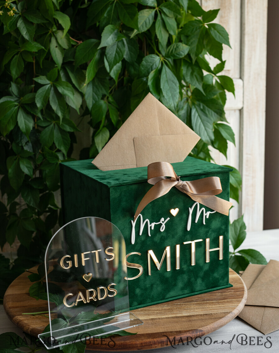  CARD BOXES velvet card boxes Gift Card Box & arch Sign Set , Velvet green wedding wishing well money gift card box, Personalized Wedding Card Box, Greenery Luxury Card Box, Wedding Card Box with Lid, Emerald Wedding Money Box, Garden Wedding Card Box