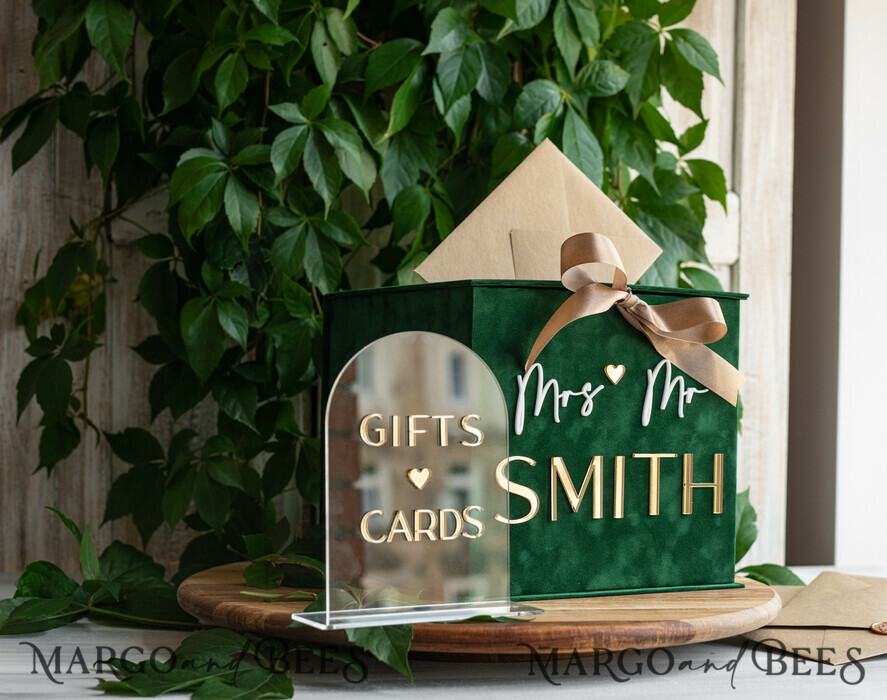  CARD BOXES velvet card boxes Gift Card Box & arch Sign Set , Velvet green wedding wishing well money gift card box, Personalized Wedding Card Box, Greenery Luxury Card Box, Wedding Card Box with Lid, Emerald Wedding Money Box, Garden Wedding Card Box