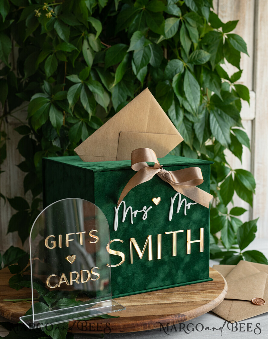  CARD BOXES velvet card boxes Gift Card Box & arch Sign Set , Velvet green wedding wishing well money gift card box, Personalized Wedding Card Box, Greenery Luxury Card Box, Wedding Card Box with Lid, Emerald Wedding Money Box, Garden Wedding Card Box