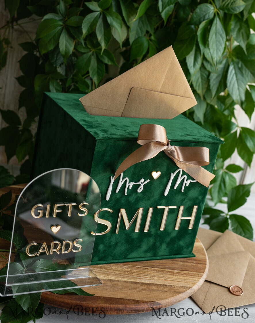  CARD BOXES velvet card boxes Gift Card Box & arch Sign Set , Velvet green wedding wishing well money gift card box, Personalized Wedding Card Box, Greenery Luxury Card Box, Wedding Card Box with Lid, Emerald Wedding Money Box, Garden Wedding Card Box