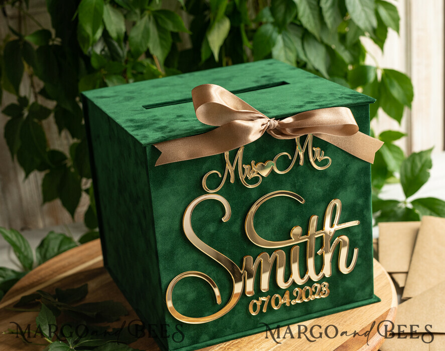  CARD BOXES velvet card boxes Gift Card Box, Velvet Green wedding wishing well money gift card box, Personalized Wedding Card Box, Luxury Greenery Card Box, Wedding Green and Gold Card Box with Lid, Wedding Money Box, Emerald Green Wedding Card Box