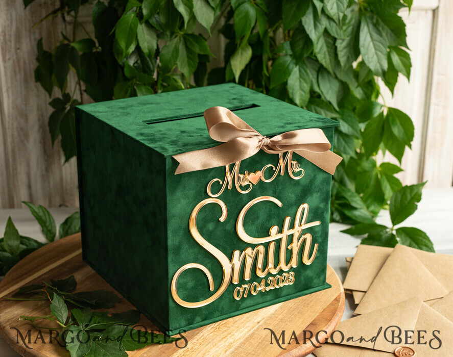  CARD BOXES velvet card boxes Gift Card Box, Velvet Green wedding wishing well money gift card box, Personalized Wedding Card Box, Luxury Greenery Card Box, Wedding Green and Gold Card Box with Lid, Wedding Money Box, Emerald Green Wedding Card Box