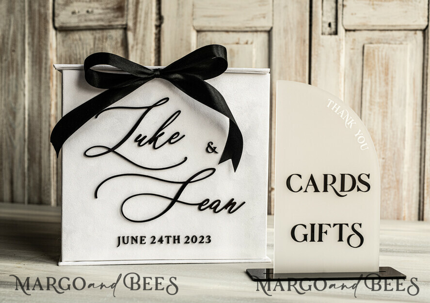 Black & White Gift Card Box & Cards Gifts Sign Set, Velvet Classic wedding wishing well money gift card box, Personalized Wedding Card Box