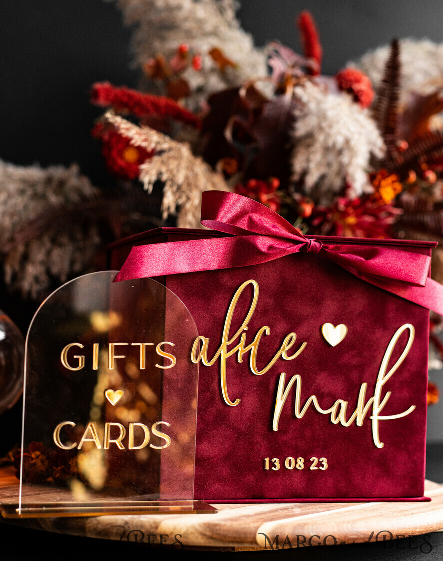  CARD BOXES velvet card boxes burgundy Card Box, Maroon Wedding Card Box with Lid, Marsala Wedding Money Box, Wedding Card Box with slot  cards & gift Arch acrylic sign set