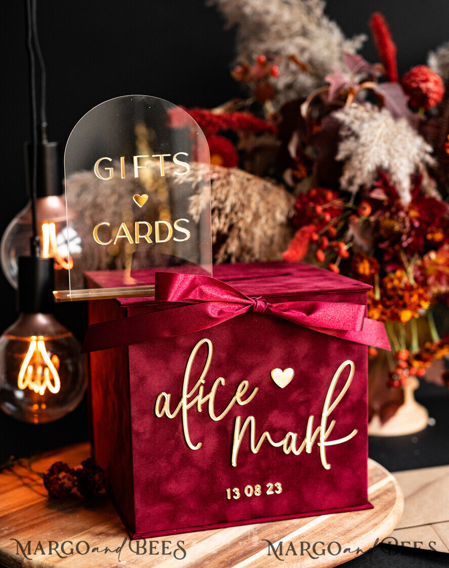  CARD BOXES velvet card boxes burgundy Card Box, Maroon Wedding Card Box with Lid, Marsala Wedding Money Box, Wedding Card Box with slot  cards & gift Arch acrylic sign set
