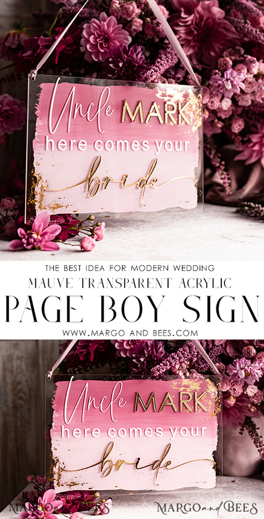 FLOWER GIRL / Page Boy SIGNS acrylic flower girl / page boy signs Personalised acrylic wedding sign, mauve transparent acrylic Page boy sign, dusty rose transparent acrylic flower girl sign, plum page boy wedding day sign, boho glam plum transparent acrylic wedding decor for flower girl, daddy its time to give mummy our last name, arch clear transparent acrylic here comes the bride