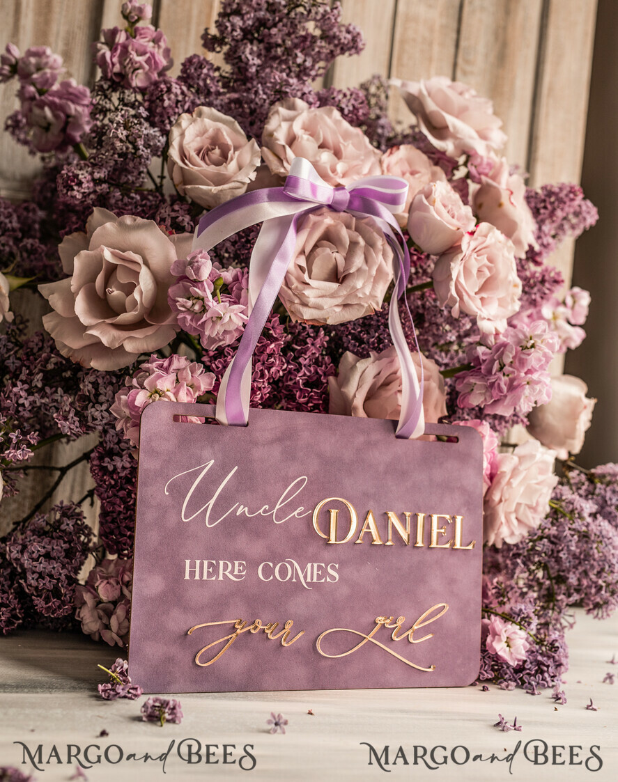 Personalised acrylic wedding sign mauve velvet Page boy sign