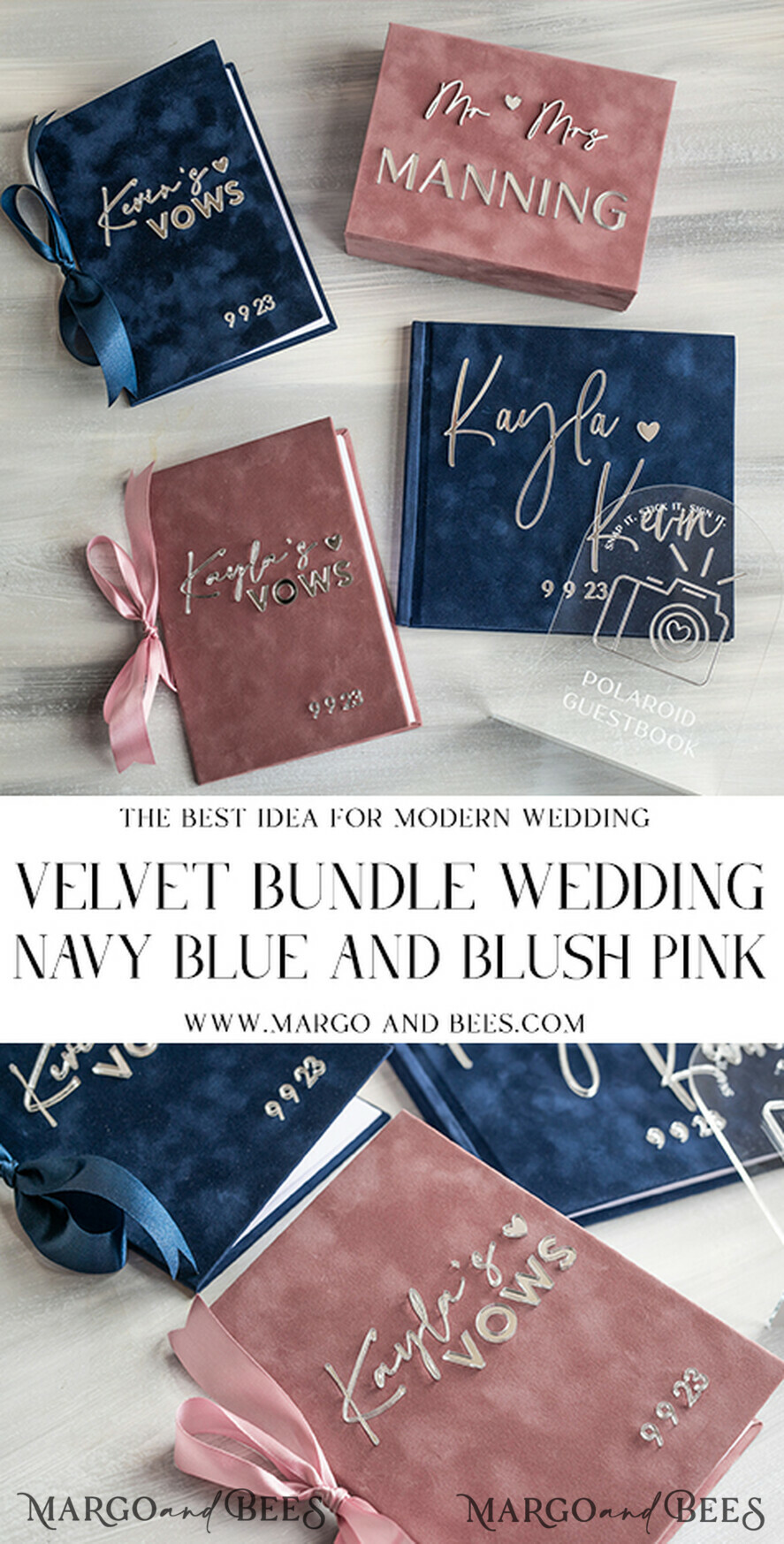 FOTOALBUM/ FOTOBOX Memory Bundle FotoBox Gustbücher Gelübde Marineblaues und Blush-Pink Samt-Bundle Hochzeitsgedächtnis-Set - Gästebuch & Schild, Seine und Ihre Hochzeitsgelübde, Fotobox für Bilder