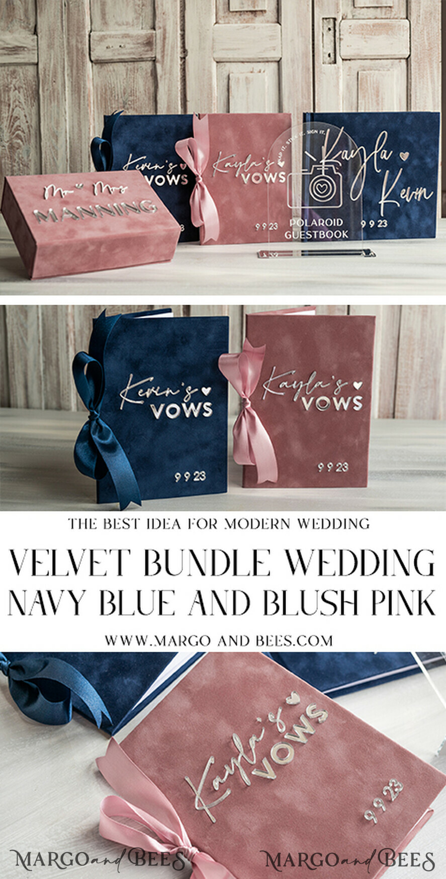 FOTOALBUM/ FOTOBOX Memory Bundle FotoBox Gustbücher Gelübde Marineblaues und Blush-Pink Samt-Bundle Hochzeitsgedächtnis-Set - Gästebuch & Schild, Seine und Ihre Hochzeitsgelübde, Fotobox für Bilder