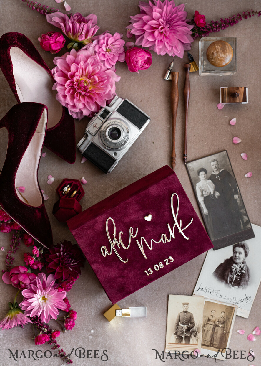 PHOTO ALBUM/ PHOTO BOX  Memory Bundle PhotoBox Gustbooks Vows Maroon Velvet Bundle Wedding Keepsake Set- Burgundy Velvet Guestbook & sign, Fall Masrala Golden Photobox for pictures