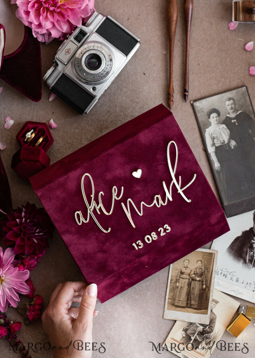 PHOTO ALBUM/ PHOTO BOX  Memory Bundle PhotoBox Gustbooks Vows Maroon Velvet Bundle Wedding Keepsake Set- Burgundy Velvet Guestbook & sign, Fall Masrala Golden Photobox for pictures