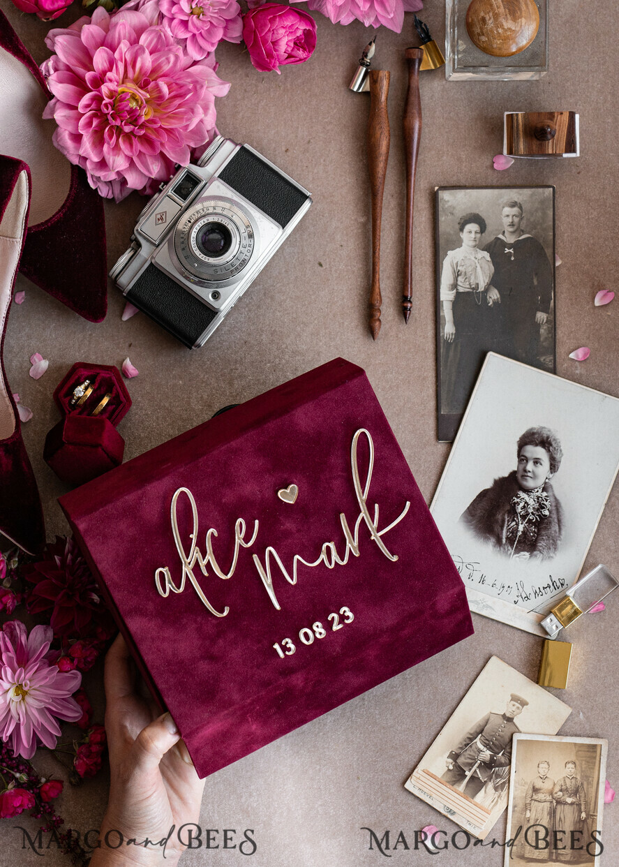 PHOTO ALBUM/ PHOTO BOX  Memory Bundle PhotoBox Gustbooks Vows Maroon Velvet Bundle Wedding Keepsake Set- Burgundy Velvet Guestbook & sign, Fall Masrala Golden Photobox for pictures