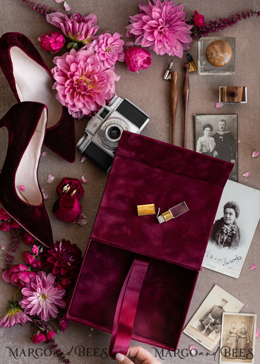 PHOTO ALBUM/ PHOTO BOX  Memory Bundle PhotoBox Gustbooks Vows Maroon Velvet Bundle Wedding Keepsake Set- Burgundy Velvet Guestbook & sign, Fall Masrala Golden Photobox for pictures