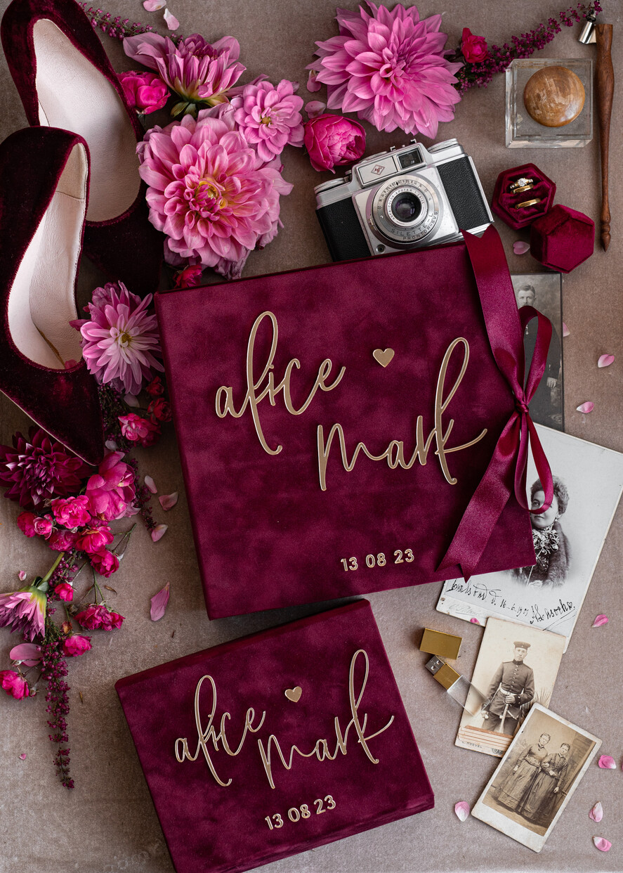 PHOTO ALBUM/ PHOTO BOX  Memory Bundle PhotoBox Gustbooks Vows Maroon Velvet Bundle Wedding Keepsake Set- Burgundy Velvet Guestbook & sign, Fall Masrala Golden Photobox for pictures