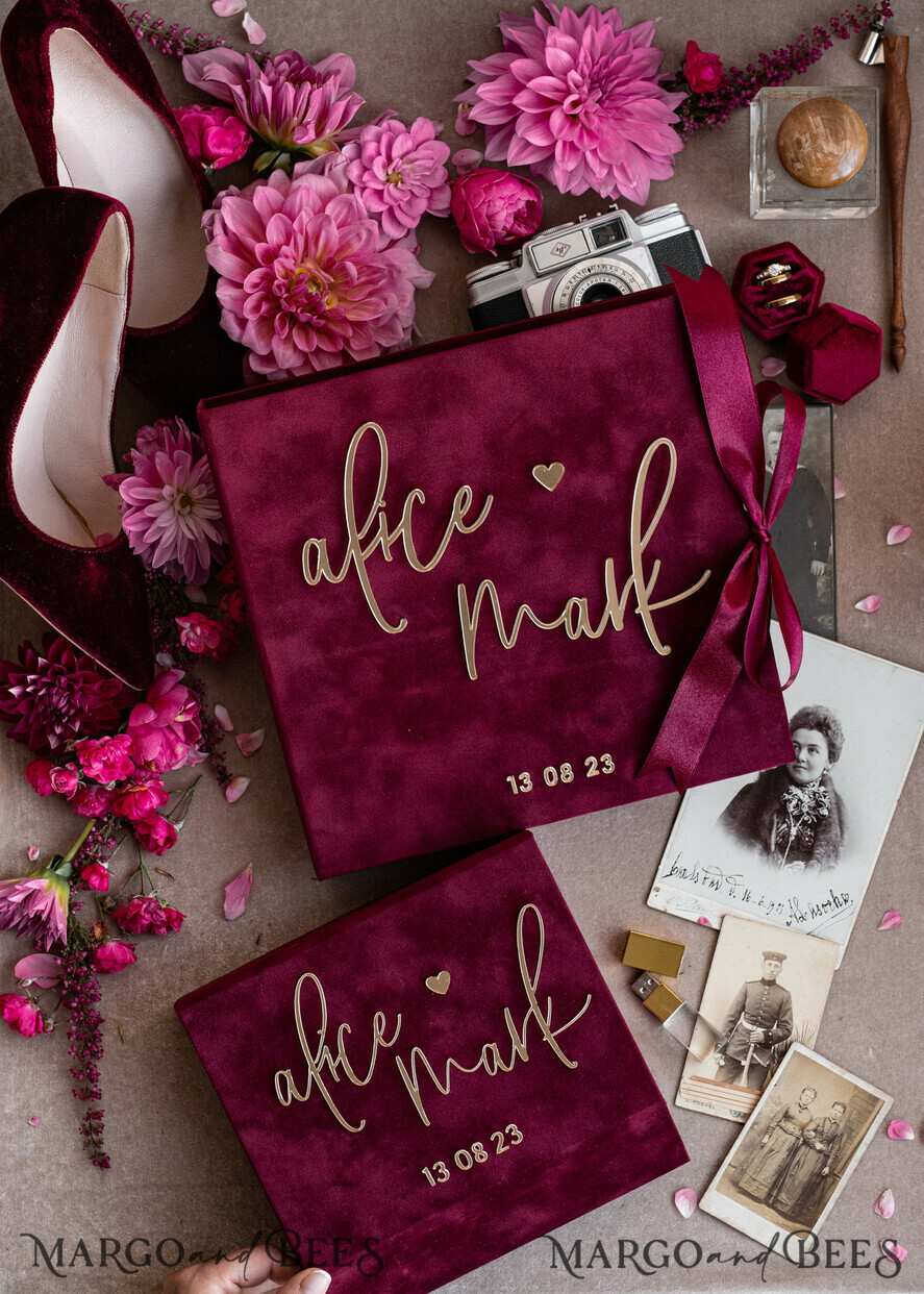 PHOTO ALBUM/ PHOTO BOX  Memory Bundle PhotoBox Gustbooks Vows Maroon Velvet Bundle Wedding Keepsake Set- Burgundy Velvet Guestbook & sign, Fall Masrala Golden Photobox for pictures