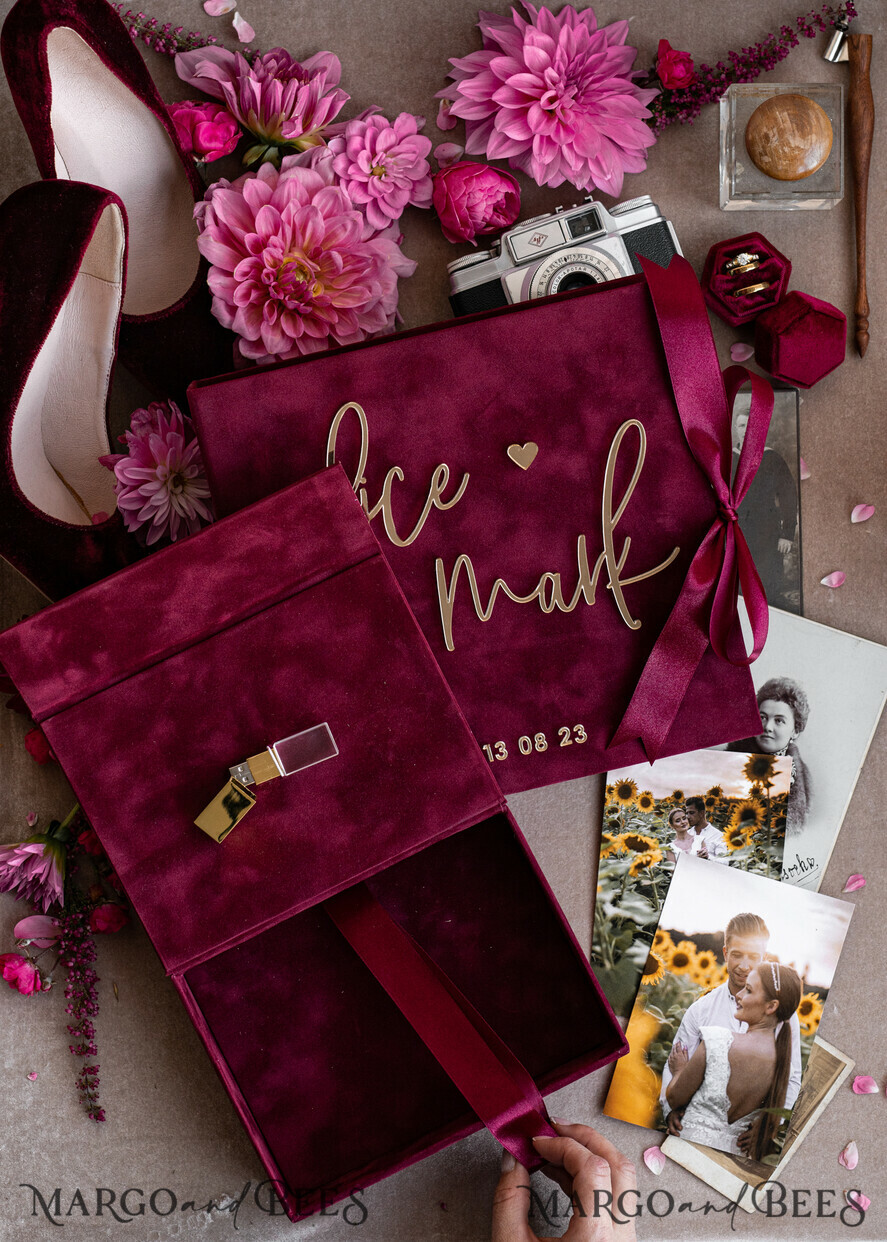 PHOTO ALBUM/ PHOTO BOX  Memory Bundle PhotoBox Gustbooks Vows Maroon Velvet Bundle Wedding Keepsake Set- Burgundy Velvet Guestbook & sign, Fall Masrala Golden Photobox for pictures
