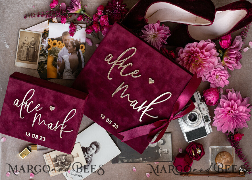 PHOTO ALBUM/ PHOTO BOX  Memory Bundle PhotoBox Gustbooks Vows Maroon Velvet Bundle Wedding Keepsake Set- Burgundy Velvet Guestbook & sign, Fall Masrala Golden Photobox for pictures