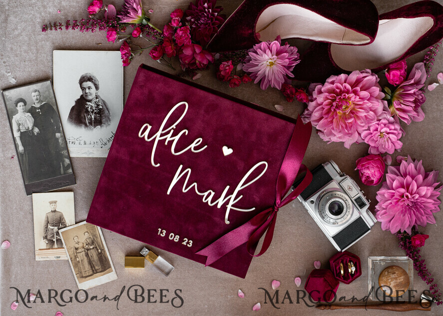 PHOTO ALBUM/ PHOTO BOX  Memory Bundle PhotoBox Gustbooks Vows Maroon Velvet Bundle Wedding Keepsake Set- Burgundy Velvet Guestbook & sign, Fall Masrala Golden Photobox for pictures
