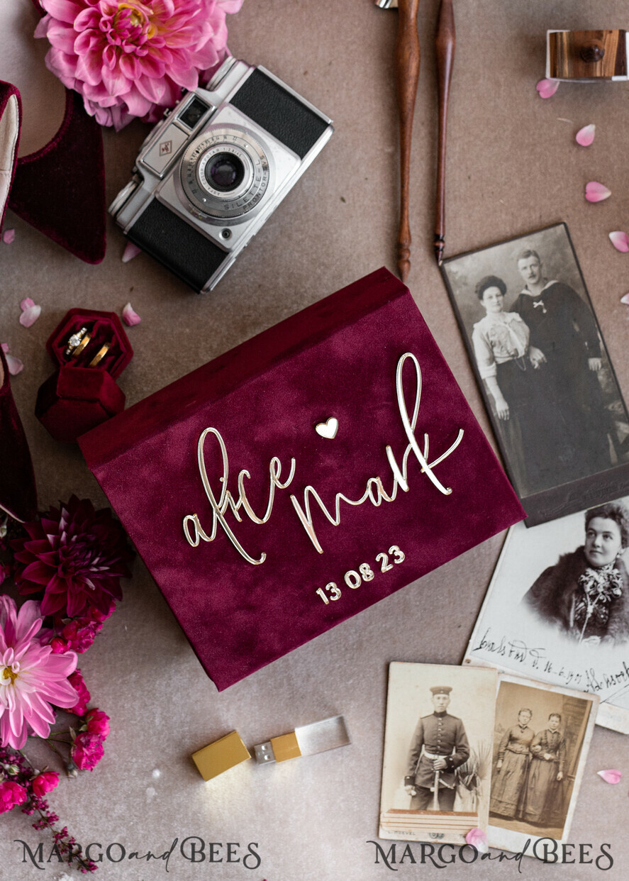 PHOTO ALBUM/ PHOTO BOX  Memory Bundle PhotoBox Gustbooks Vows Maroon Velvet Bundle Wedding Keepsake Set- Burgundy Velvet Guestbook & sign, Fall Masrala Golden Photobox for pictures