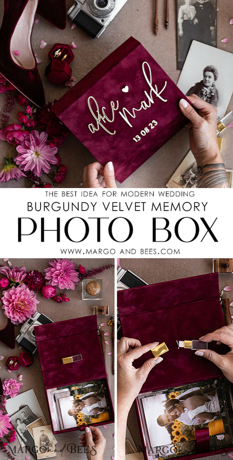 PHOTO ALBUM/ PHOTO BOX  Memory Bundle PhotoBox Gustbooks Vows Maroon Velvet Bundle Wedding Keepsake Set- Burgundy Velvet Guestbook & sign, Fall Masrala Golden Photobox for pictures