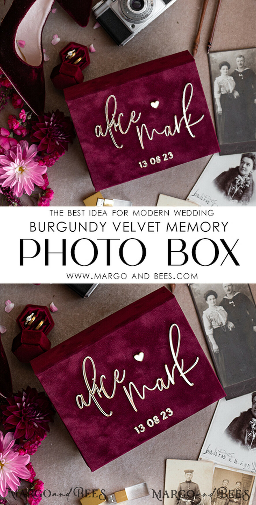 PHOTO ALBUM/ PHOTO BOX  Memory Bundle PhotoBox Gustbooks Vows Maroon Velvet Bundle Wedding Keepsake Set- Burgundy Velvet Guestbook & sign, Fall Masrala Golden Photobox for pictures