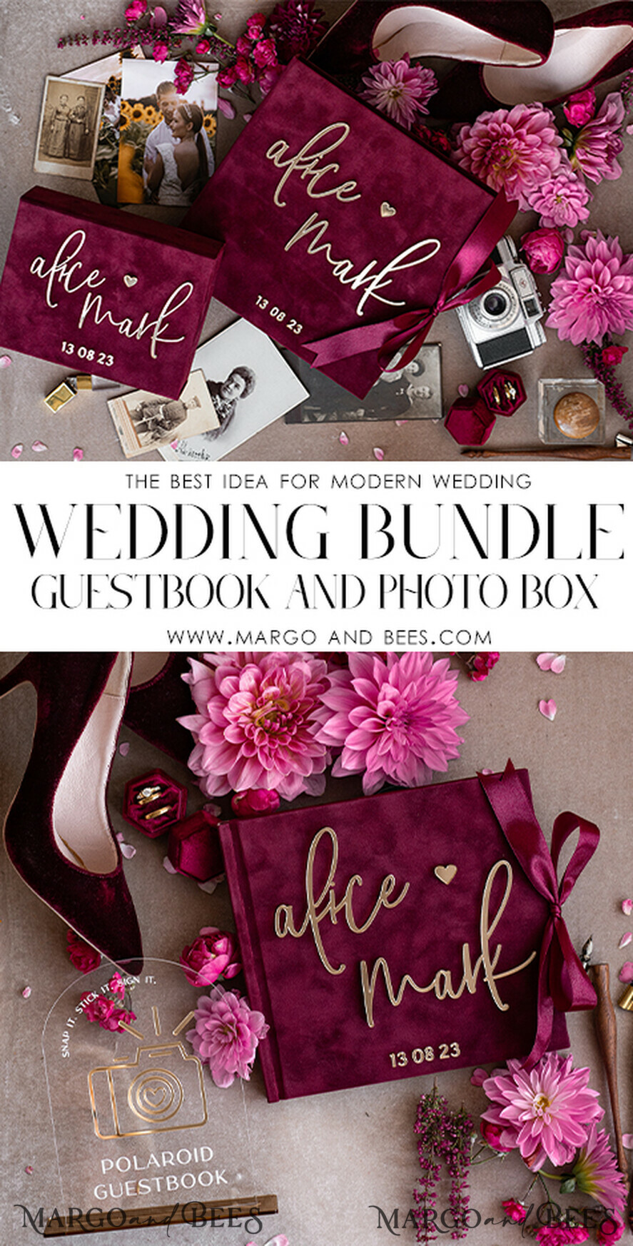 PHOTO ALBUM/ PHOTO BOX  Memory Bundle PhotoBox Gustbooks Vows Maroon Velvet Bundle Wedding Keepsake Set- Burgundy Velvet Guestbook & sign, Fall Masrala Golden Photobox for pictures