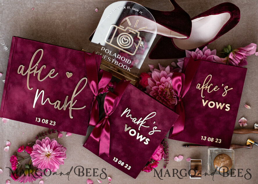 HOCHZEITS-GÄSTEBÜCHER Bundle Gustbooks & Vows Set Personalisierte Hochzeits-Maronne Gästebuch & maßgeschneiderte Hochzeitsburgunder Samt-Eheversprechen Set von zwei - Bundle Gold Gästebuch und Eheversprechen Bücher