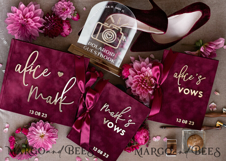 HOCHZEITS-GÄSTEBÜCHER Bundle Gustbooks & Vows Set Personalisierte Hochzeits-Maronne Gästebuch & maßgeschneiderte Hochzeitsburgunder Samt-Eheversprechen Set von zwei - Bundle Gold Gästebuch und Eheversprechen Bücher