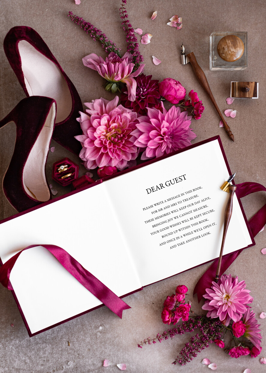 HOCHZEITS-GÄSTEBÜCHER Bundle Gustbooks & Vows Set Personalisierte Hochzeits-Maronne Gästebuch & maßgeschneiderte Hochzeitsburgunder Samt-Eheversprechen Set von zwei - Bundle Gold Gästebuch und Eheversprechen Bücher