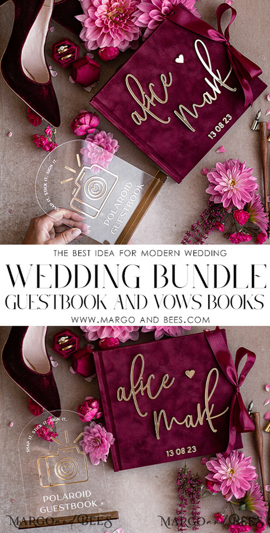 HOCHZEITS-GÄSTEBÜCHER Bundle Gustbooks & Vows Set Personalisierte Hochzeits-Maronne Gästebuch & maßgeschneiderte Hochzeitsburgunder Samt-Eheversprechen Set von zwei - Bundle Gold Gästebuch und Eheversprechen Bücher