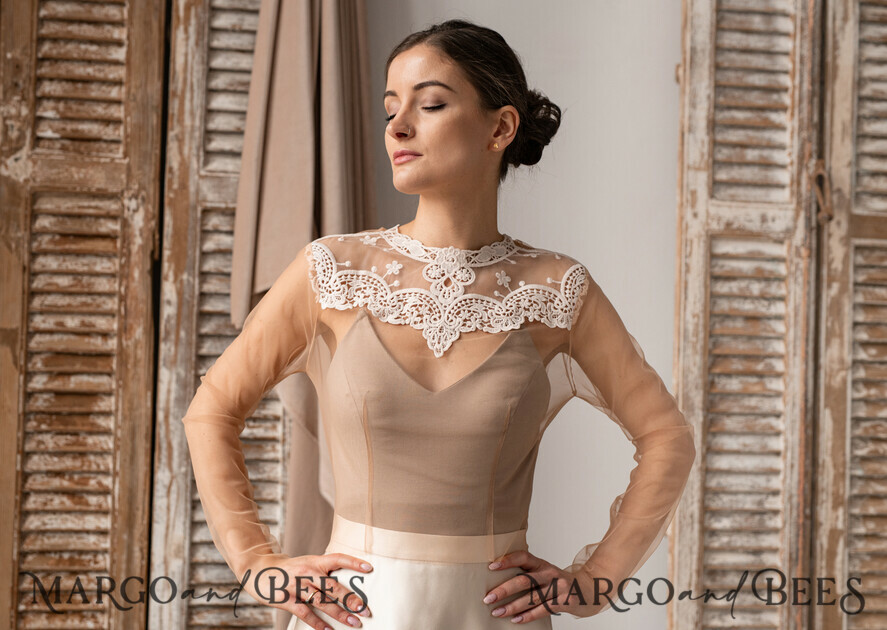 BRIDE bolero, robes, garter LACE WEDDING BOLERO Ivory Lace Wedding bolero long sleeve, Boho Shrug Women Wedding, Bridal Backless Coverup, Ivory Blouse for Bride, Bridal Lace Blouse, dress capalet