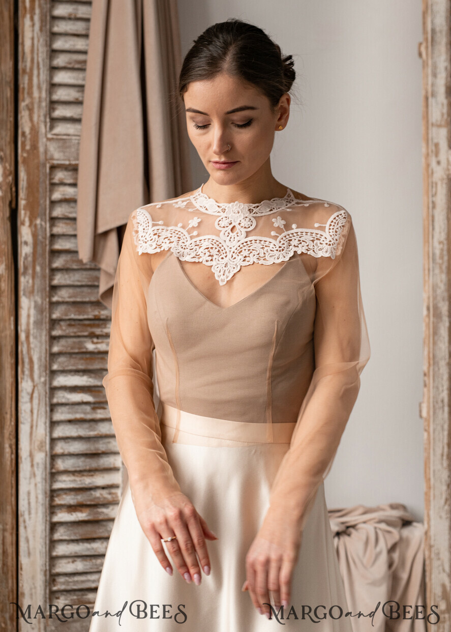 BRIDE bolero, robes, garter LACE WEDDING BOLERO Ivory Lace Wedding bolero long sleeve, Boho Shrug Women Wedding, Bridal Backless Coverup, Ivory Blouse for Bride, Bridal Lace Blouse, dress capalet