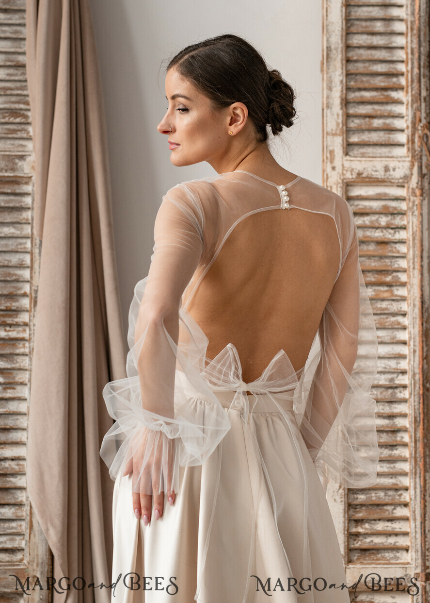 BRIDE bolero, robes, garter LACE WEDDING BOLERO Ivory tulle Wedding bolero puff sleeve, Shrug Women Wedding, Bridal Backless Coverup, Ivory Blouse for Bride, Bridal Tulle Blouse, dress capalet