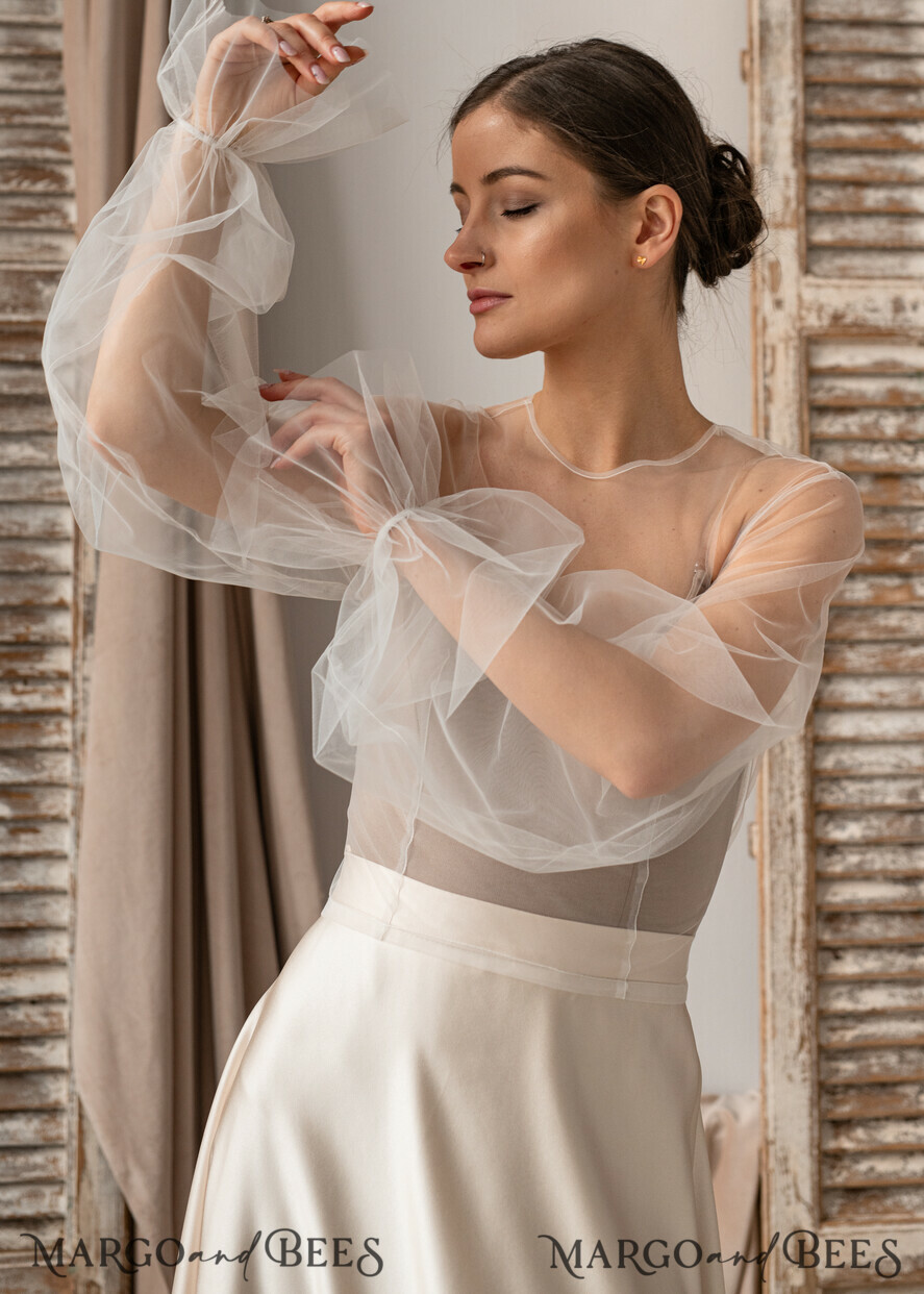 BRIDE bolero, robes, garter LACE WEDDING BOLERO Ivory tulle Wedding bolero puff sleeve, Shrug Women Wedding, Bridal Backless Coverup, Ivory Blouse for Bride, Bridal Tulle Blouse, dress capalet