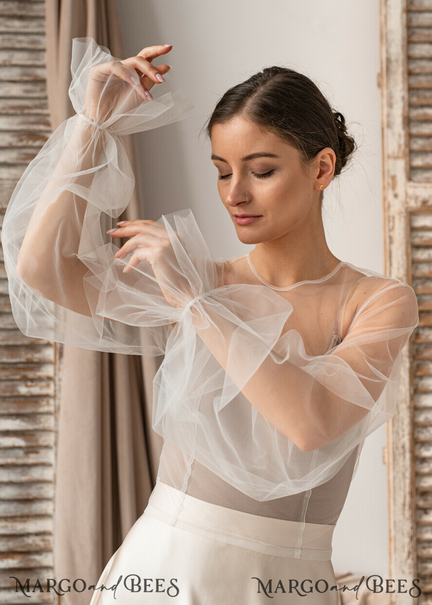 BRIDE bolero, robes, garter LACE WEDDING BOLERO Ivory tulle Wedding bolero puff sleeve, Shrug Women Wedding, Bridal Backless Coverup, Ivory Blouse for Bride, Bridal Tulle Blouse, dress capalet