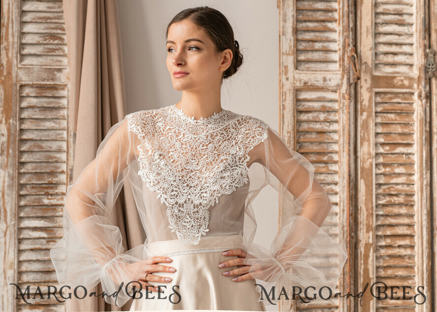 BRIDE bolero, robes, garter LACE WEDDING BOLERO Ivory Lace Wedding bolero puff sleeve, Shrug Women Wedding, Bridal Backless Coverup, Ivory Blouse for Bride, Bridal Lace Blouse, dress capalet