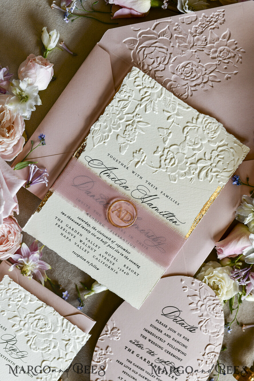 WEDDING INVITATIONS embossed invites Blush Pink Wedding Invitations – Embossed Floral Invitations with Chiffon Ribbon, Deckled Edges, Wax Seal