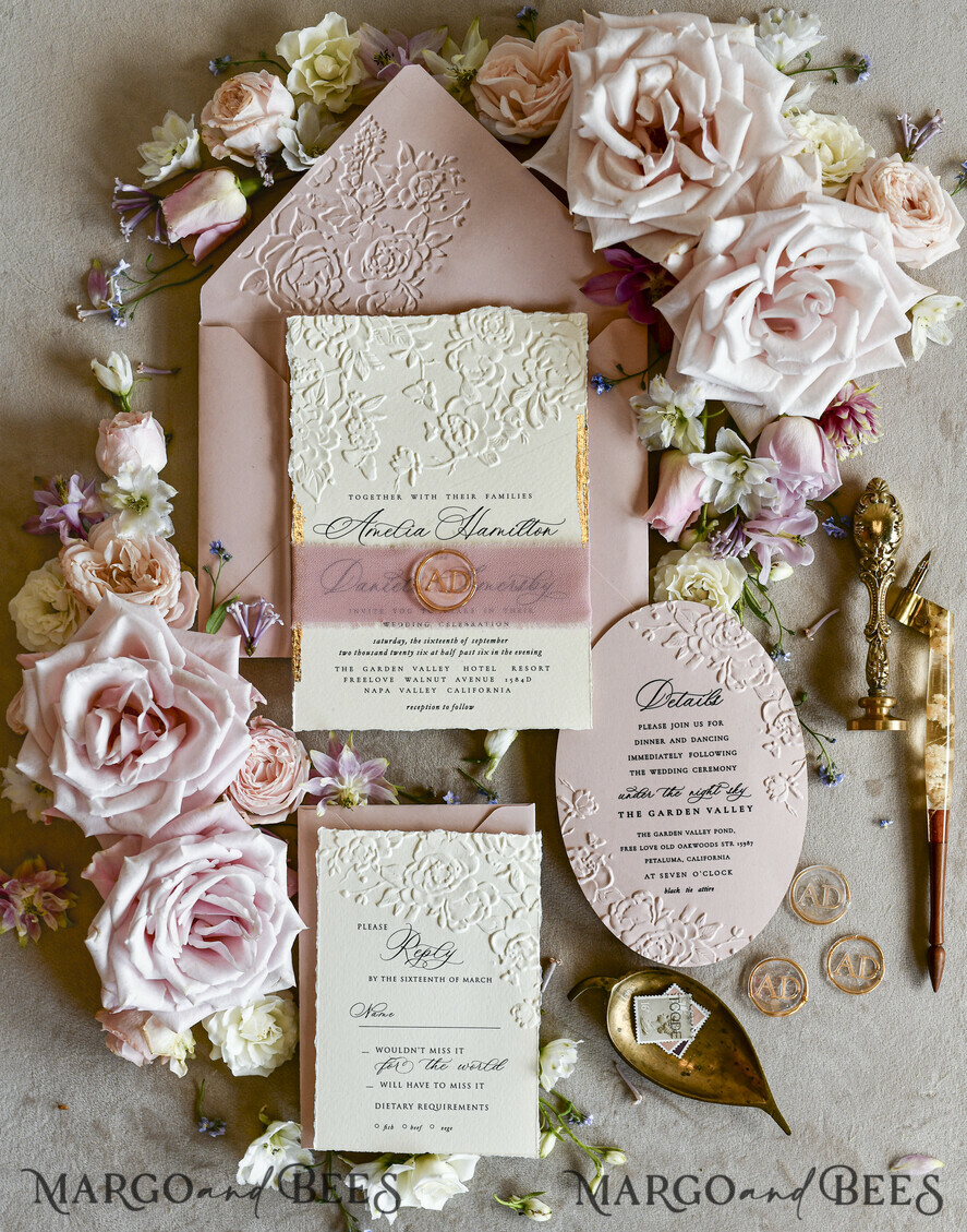 WEDDING INVITATIONS embossed invites Blush Pink Wedding Invitations – Embossed Floral Invitations with Chiffon Ribbon, Deckled Edges, Wax Seal