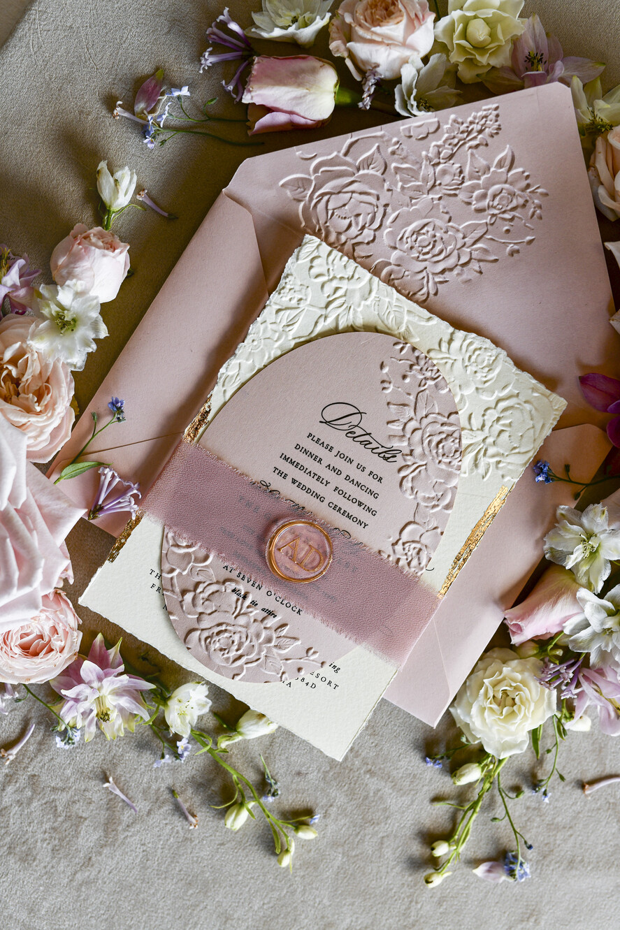 WEDDING INVITATIONS embossed invites Blush Pink Wedding Invitations – Embossed Floral Invitations with Chiffon Ribbon, Deckled Edges, Wax Seal
