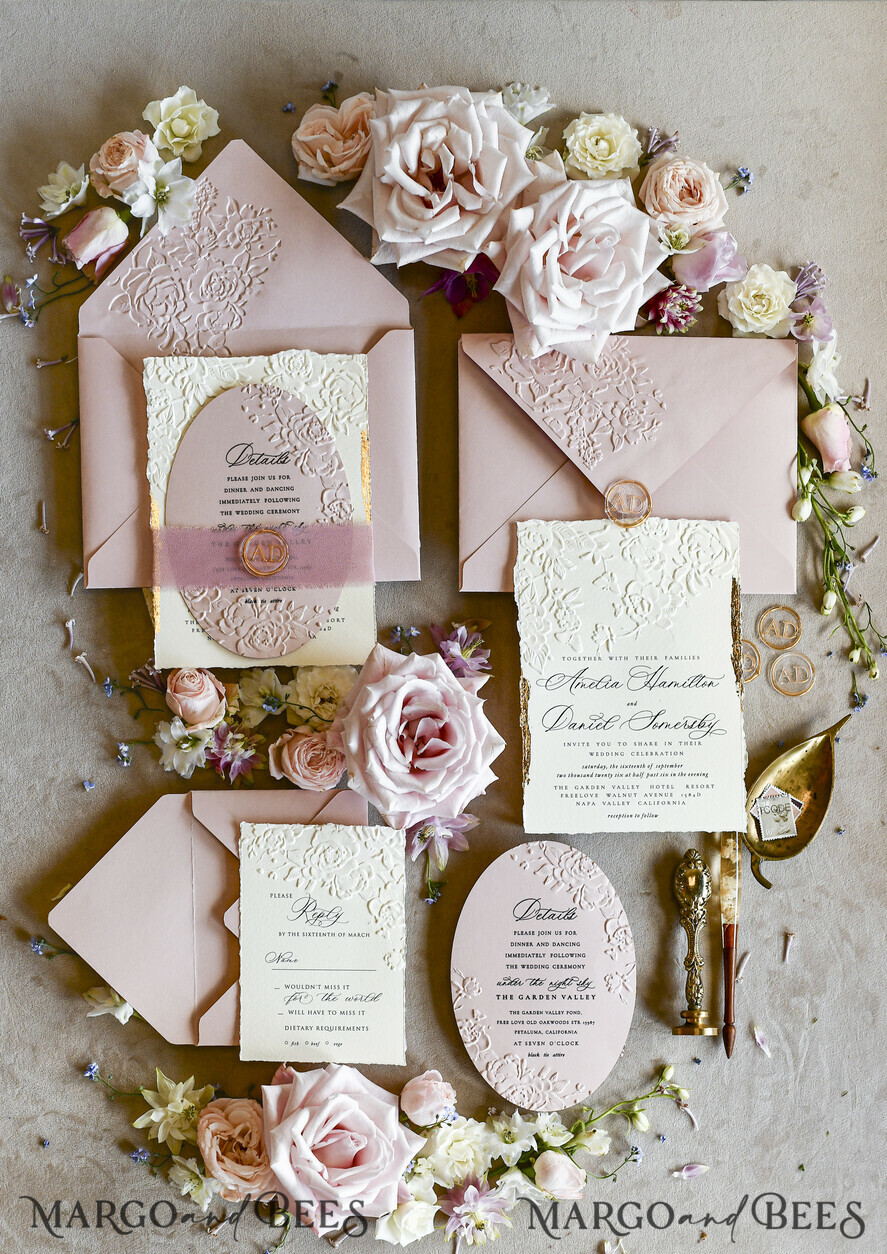 WEDDING INVITATIONS embossed invites Blush Pink Wedding Invitations – Embossed Floral Invitations with Chiffon Ribbon, Deckled Edges, Wax Seal