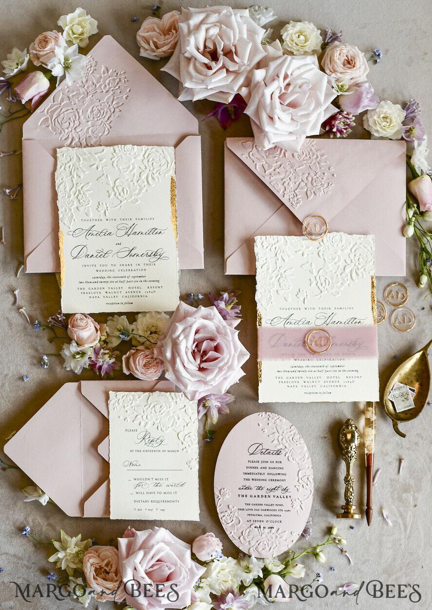 WEDDING INVITATIONS embossed invites Blush Pink Wedding Invitations – Embossed Floral Invitations with Chiffon Ribbon, Deckled Edges, Wax Seal