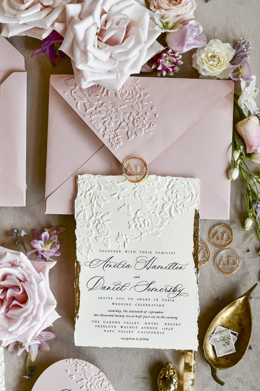 WEDDING INVITATIONS embossed invites Blush Pink Wedding Invitations – Embossed Floral Invitations with Chiffon Ribbon, Deckled Edges, Wax Seal