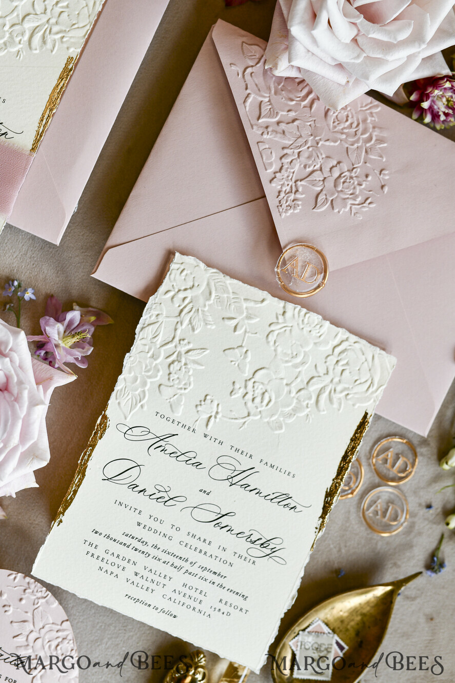 WEDDING INVITATIONS embossed invites Blush Pink Wedding Invitations – Embossed Floral Invitations with Chiffon Ribbon, Deckled Edges, Wax Seal