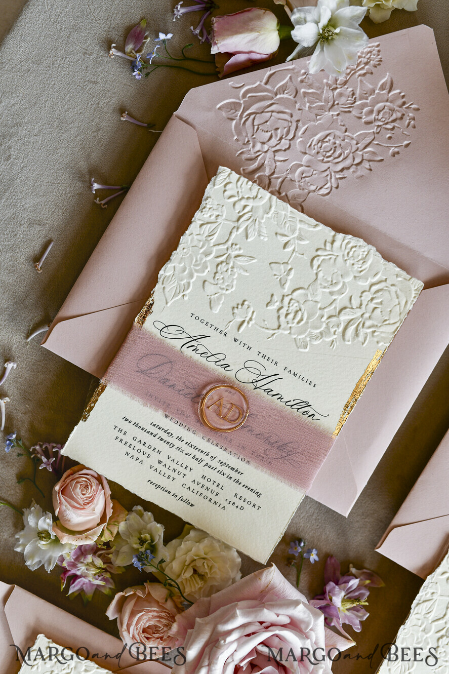 WEDDING INVITATIONS embossed invites Blush Pink Wedding Invitations – Embossed Floral Invitations with Chiffon Ribbon, Deckled Edges, Wax Seal